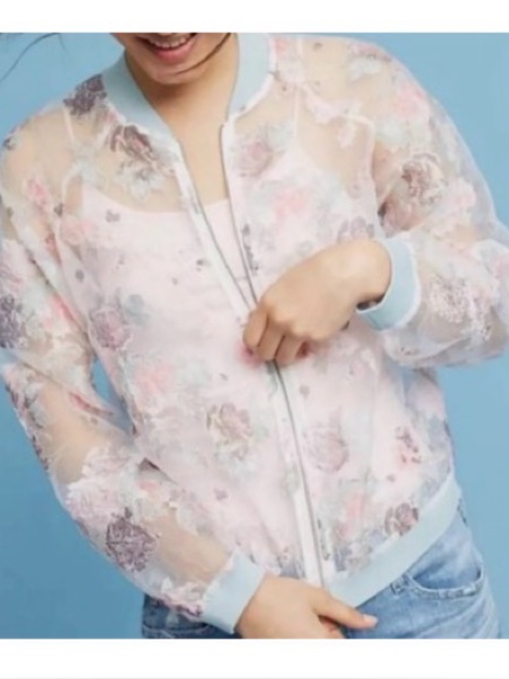 Maeve Anthropologie Floral Mesh sheer crinkle Bomber Jacket in Pastel small